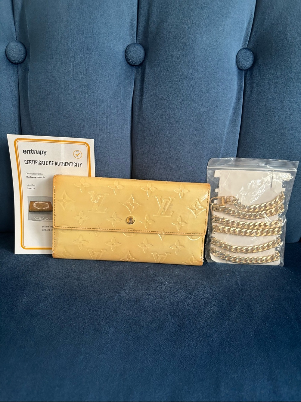 Louis Vuitton Yellow Monogram Vernis Envelope Clutch with Gold Chain